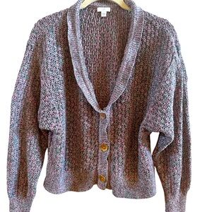 J. Jill Women’s Medium Shawl Collar‎ Cotton Short Cardigan Sweater Gold Buttons